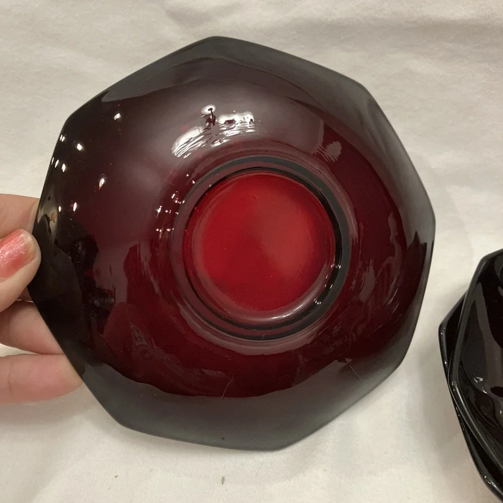 Vintage Ruby Red Glass Saucers Dessert Bowls Scallop Top Edge Lot of 3